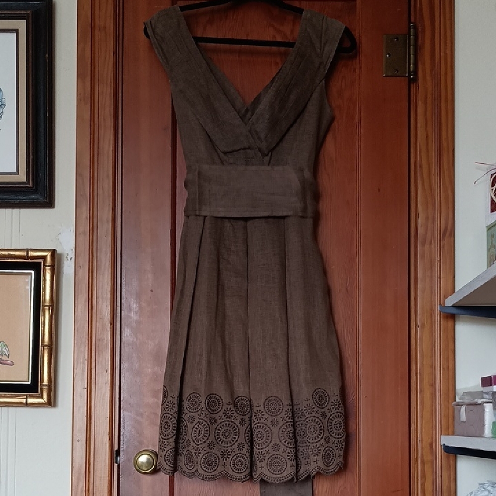 Elie Tahari Brown Midi Dress with Embroidered Hem